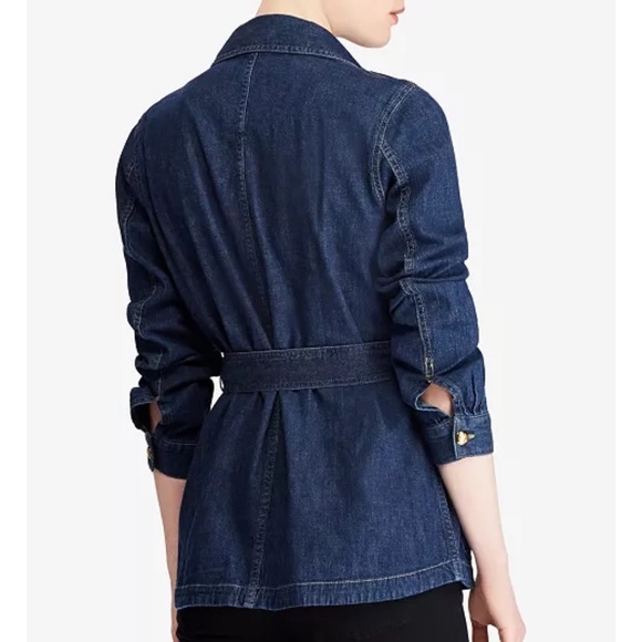 Lauren Ralph Lauren Dark Blue Wash Belted Denim Jacket Embroidered Patches 2 - Picture 8 of 9